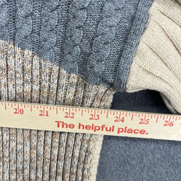 Shawl Collar Cardigan Sweater Womens M/L Beige Gray Patchwork Fringe Boho Knit - Picture 10 of 16